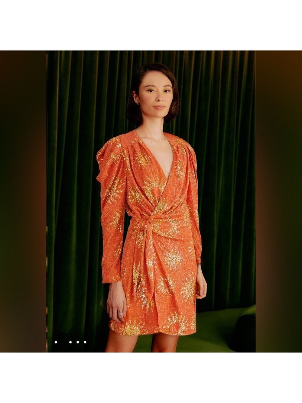 Farm Rio Orange Sunny Mood Sequin Long Sleeve Mini Dress 70’s